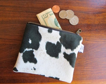 Cowhide Coin Pouch Rodeo Zip Bag Black Holstein Western Small Zipper Cash Clutch Gift for Dairy Farmer's Wife Birthday Faux Cow Print