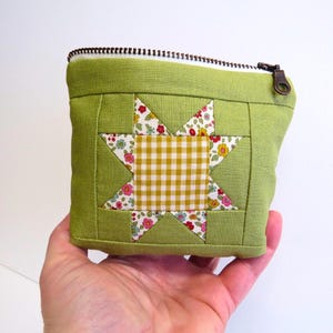 Avocado Green Sawtooth Star Zipper Pouch • Quilters Notion Case • Little Sewing Kit • Mini Heirloom Zip Bag • Floral Quilted Handmade Gift