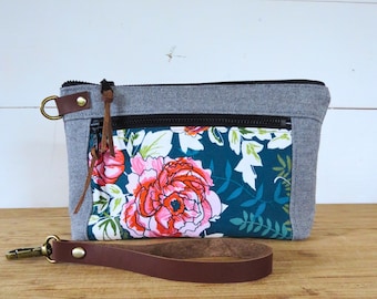 Chic Leather Double Zipper Clutch with Wristlet - Everyday Small Floral Purse & Travel Cosmetic Bag - Gift For Her