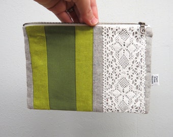 Linen Lace clutch zipper pouch MEDIUM  - green stripe - vintage cotton lace, linen cosmetic bag, passport case