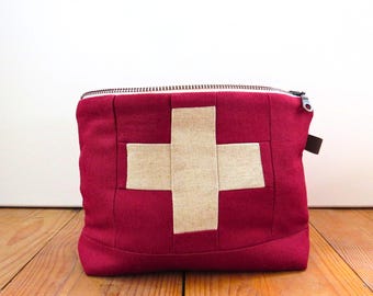 Red Medium First Aid Bag • Swiss Cross Design • Emergency Travel Kit for Car • First Aid Supplies Organizer • Gift for New Mom for Baby