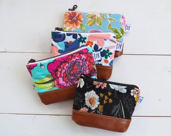 Floral Zipper Bag - Unique Gift for Mom - Small Zip Pouch Purse Organizer - Mini Travel Makeup Pouch with Faux Leather Bottom