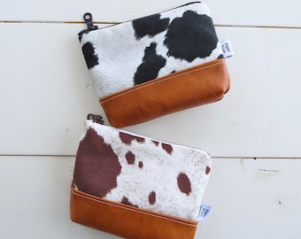 Mini Cow Print Zipper Bag with Faux Leather Bottom - Stylish and Chic Purse Organizer - Gift Idea for Dairy Farmer Wife