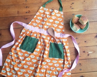 Apron Vintage Tea Cup Womens Burnt Orange Neck Tie Retro Kitchen Tool Cottagecore Ladies Tea Party Outfit Eclectic Homemakers Fashion