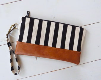 Everyday Canvas Wallet Black and White Stripe Clutch Purse with Faux Leather Bottom Detachable Wristlet Key Fob Handheld Pouch Gift for Her