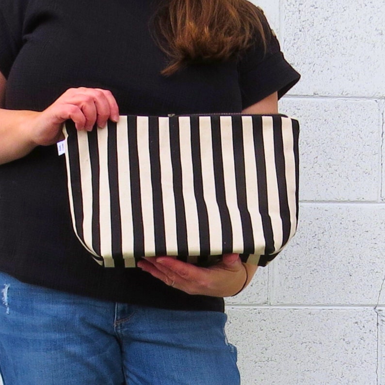 Jumbo Stripe Canvas Cosmetic Bag Cottagecore Extra Large Makeup Holder Minimalist Travel Zipper Pouch Craft Project Storage Sevenberry: XXL