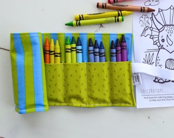 Lime Green Stripe Toddler Crayon Holder Blue Retro 8 pocket Crayon Roll 24 Crayons Handmade Kids Art Storage Waldorf Childrens Coloring