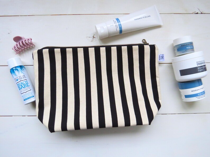 Jumbo Stripe Canvas Cosmetic Bag Cottagecore Extra Large Makeup Holder Minimalist Travel Zipper Pouch Craft Project Storage Sevenberry: XXL