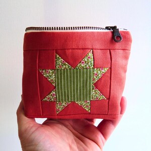 Avocado Green Sawtooth Star Zipper Pouch • Quilters Notion Case • Little Sewing Kit • Mini Heirloom Zip Bag • Floral Quilted Handmade Gift