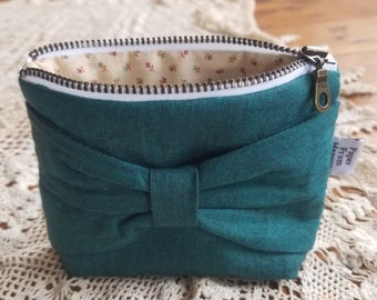 Peacock Bow Mini Zip Bag Aqua Teal Small Coin Purse Chambray Handheld Essential Oil Roller Bottle Pouch First Aid Kit Emergency Sewing Case