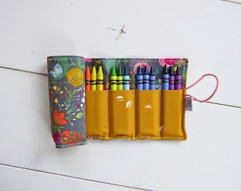 Girls Flower Crayon Holder Mustard Floral 24 Crayon Organizer Childrens Coloring Supply Storage Kids Art Party Favor Budquette Nightfall