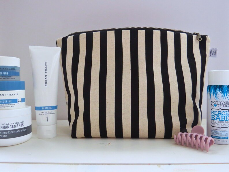 Jumbo Stripe Canvas Cosmetic Bag Cottagecore Extra Large Makeup Holder Minimalist Travel Zipper Pouch Craft Project Storage Sevenberry: XXL