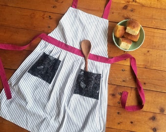 Farmhouse Honey Bee Kitchen Apron with pockets - Black White Stripe Ticking, Ladie's Handmade Apron for hosting, gift for the farmers wife,