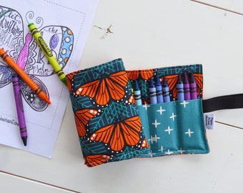 Bright Aqua Butterfly Crayon Roll Up Orange Red Monarch Girl Coloring Supply Storage Waldorf Nature Art Organizer Minimalist Quiet Time Idea