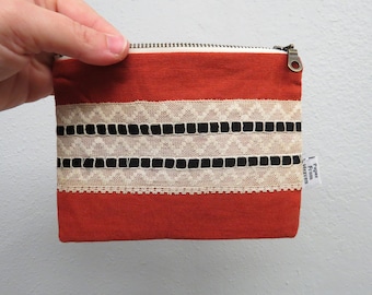 Linen Lace clutch SMALL - burnt orange - vintage cotton lace, linen cosmetic bag, passport case clutch zipper pouch