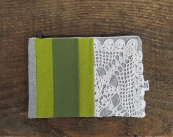Linen Lace clutch zipper pouch MEDIUM  - green stripe - vintage cotton lace, linen cosmetic bag, passport case