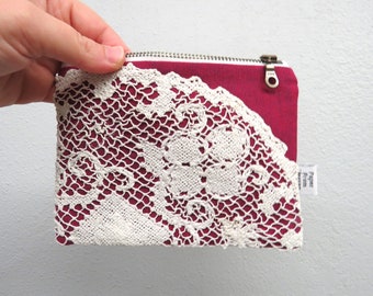 Linen Lace clutch SMALL - berry - doily vintage cotton lace, linen cosmetic bag, passport case clutch zipper pouch