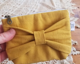 Linen Mini Zip Bag Mustard Bow Wallet Small Honey Zipper Pouch Tiny Organizer Yellow Earbud Holder Solid Color Zipper Storage First Aid Kit