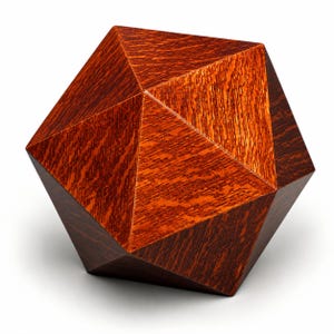 May include: A geometric icosahedron sculpture crafted from polished wood with a rich, deep reddish-brown grain pattern. The object features twenty triangular faces meeting at sharp, precise edges, showcasing the natural texture of the wood.