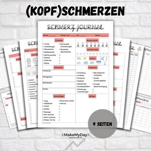 May include: A collection of printed journal pages with the text "(KOPF)SCHMERZEN" and "SCHMERZ JOURNAL". The pages feature sections for tracking symptoms, causes, and self-care routines. The journal includes a section for tracking sleep patterns and weather conditions.