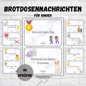 Puede incluir: Un conjunto de 40 tarjetas coloridas con mensajes motivacionales para niños. Las tarjetas presentan ilustraciones de dinosaurios, un perro, una brújula, una bombilla y un trofeo. El texto en las tarjetas incluye frases como "Das wird dein Tag" y "Viel Spaß mit deinen Freunden".