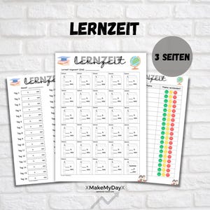Könnte beinhalten: Ein druckbarer Lernzeitplaner mit drei Seiten. Die erste Seite hat einen Bereich für tägliche Lernziele und einen Bereich für wöchentliche Lernziele. Die zweite Seite hat einen Bereich für tägliche Lernziele und einen Bereich für wöchentliche Lernziele. Die dritte Seite hat einen Bereich für die Verfolgung der Lernzeit mit einem farbcodierten System.