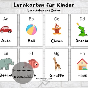 Może przedstawiać: Karty edukacyjne dla dzieci z literami i cyframi. Każda karta zawiera literę i powiązany obraz, jak czerwony samochód dla 'Aa', piłkę dla 'Bb' i klauna dla 'Cc'. Zestaw zawiera 26 kart z literami i 20 kart z liczbami.