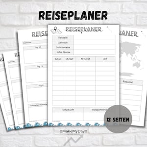 Può includere: Un planner di viaggio stampabile con un design in bianco e nero. Il planner include sezioni per le date di viaggio, gli orari, le attività, le località, l'alloggio, il trasporto e una mappa del mondo. Il planner ha il testo "REISEPLANER" in alto e "12 SEITEN" in basso.