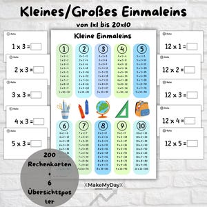 May include: Educational multiplication flashcards with the title "Kleines/Großes Einmaleins" in German. The cards feature multiplication tables from 1x1 to 20x10, with colorful illustrations and the text "200 Rechenkarten + 6 Übersichtsposter".