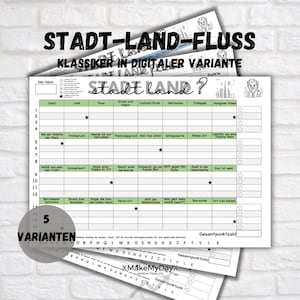 Puede incluir: Un tablero de juego imprimible para el juego clásico "Stadt-Land-Fluss" (Ciudad-País-Río). El tablero tiene 12 filas y 7 columnas con encabezados en alemán. El tablero de juego está impreso en papel blanco con acentos verdes y negros. El texto "5 VARIANTEN" (5 Variaciones) está impreso en un círculo en la parte inferior del tablero.