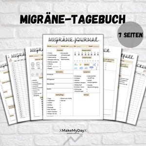 Könnte beinhalten: Ein druckbares Migräne-Tagebuch mit 7 Seiten. Das Tagebuch enthält Abschnitte zur Verfolgung von Symptomen, Auslösern und Medikamenten. Das Tagebuch soll Menschen helfen, ihre Migräne zu bewältigen.