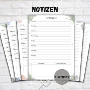 May include: A set of six printable to-do list templates with a green, white, and gray color scheme. The templates feature a weekly planner with days of the week listed, a section for tasks, and a section for due dates. The templates also include a section for important notes. The text "NOTIZEN" is at the top of the page, which is German for "notes".