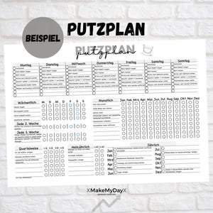 May include: A black and white printable cleaning schedule with the German word "PUTZPLAN" at the top. The schedule includes daily, weekly, bi-weekly, monthly, quarterly, semi-annual, and annual cleaning tasks.