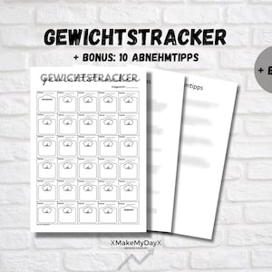 Könnte beinhalten: Ein schwarz-weißer druckbarer Gewichts-Tracker mit einem Waagendesign. Der Tracker hat 42 Felder zum Eintragen des Gewichts. Der Titel des Druckbaren lautet "GEWICHTSTRACKER + BONUS: 10 ABNEHMTIPPS".