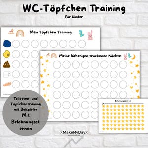 Könnte beinhalten: Drei weiße Papierbögen mit dem Text "WC-Töpfchen Training" und "Mein Töpfchen Training" in Schwarz. Die Bögen haben Kreise zur Fortschrittsverfolgung und Illustrationen eines Regenbogens, eines Dinosauriers und eines Hasen. Ein kleinerer Bogen hat gelbe Sterne.