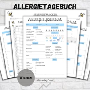 Op de afbeelding: Een stapel witte allergie journaal pagina's met blauwe accenten en de titel "Allergie Tagebuch" in het zwart. Het journaal bevat secties voor het volgen van symptomen, triggers en andere relevante informatie. De afbeelding bevat ook bijenillustraties.