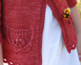 Patrón de tejido de cárdigan infantil con bolsillos florales • Patrón de tejido de flores silvestres pequeñas en PDF • Patrón de tejido intermedio