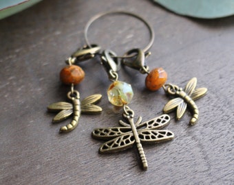 Dragonfly Trio Progress Keeper Set • Unique Brass and Bead Progress Keeper Trio • Knitting Gift for Grandma