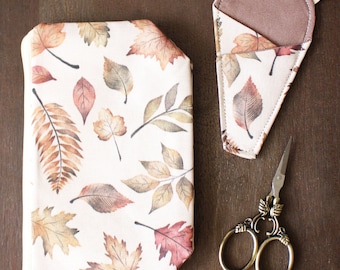 Set de regalo de hojas de otoño • Tijeras de hojas, funda para tijeras y bolsa a juego • Regalo de otoño práctico y elegante para costureras o quilters