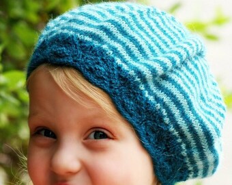 Patrón de tejido de gorro con ala de encaje a rayas para bebé y adulto • Patrón de tejido de boina Molly en PDF • Patrón de tejido para principiantes e intermedios