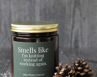 Winter Forest Candle For Knitters • 9 oz or 4 oz Amber Glass Jar • Funny Knitting Gift Idea For Mom