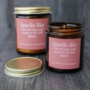 Citrus & Cotton Blossom Candle For Sewing • 9 oz or 4 oz Amber Glass Jar • Funny Introvert Gift Idea