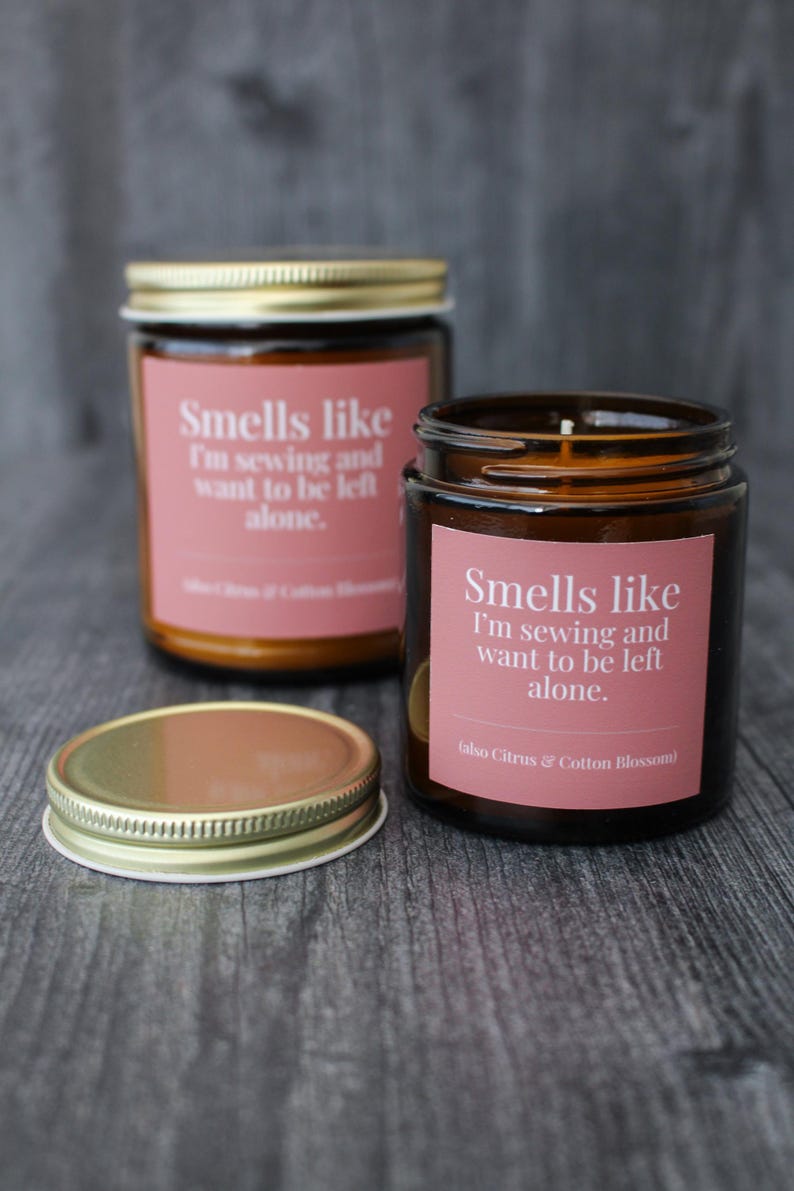 Citrus & Cotton Blossom Candle For Sewing • 9 oz or 4 oz Amber Glass Jar • Funny Introvert Gift Idea