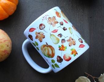 Fall Themed Coffee Cup • Autumn Harvest Mug • Pumpkins, Apples, Acorns, Fall Leaves, Mushrooms