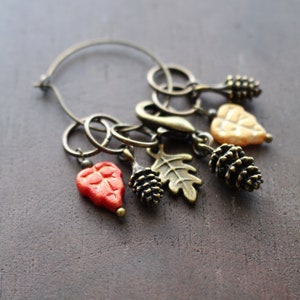 Autumn Days Stitch Markers • Fall Inspired Knitting Accessory • Handmade Unique Woodland Knitting Gift With Fall Leaves and Pinecones