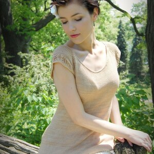 Women&#39;s Top Knitting Pattern with Lace Flutter Sleeves • Adult Spring Garden Tee Knitting Pattern PDF • Intermediate Knit Pattern