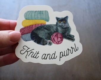 Knit and Purrl • Vinyl Sticker For Knitter • Funny Knitting Gift For Cat Ladies