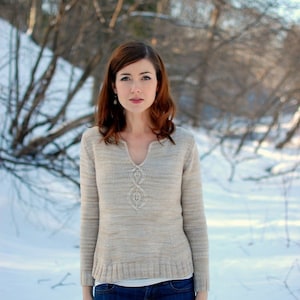 Women&#39;s V-neck Pullover Pattern • Cabled Leaf Pullover Knitting Pattern PDF • Intermediate Knit Pattern