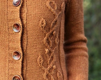 Cabled Leafy Buttoned Cardigan Pattern • Flourish Knitting Pattern PDF • Intermediate Knit Pattern