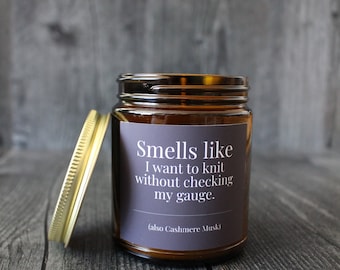 Cashmere Musk Candle For Knitters • 9 oz or 4 oz Amber Glass Jar • Funny Knitting Gift Idea